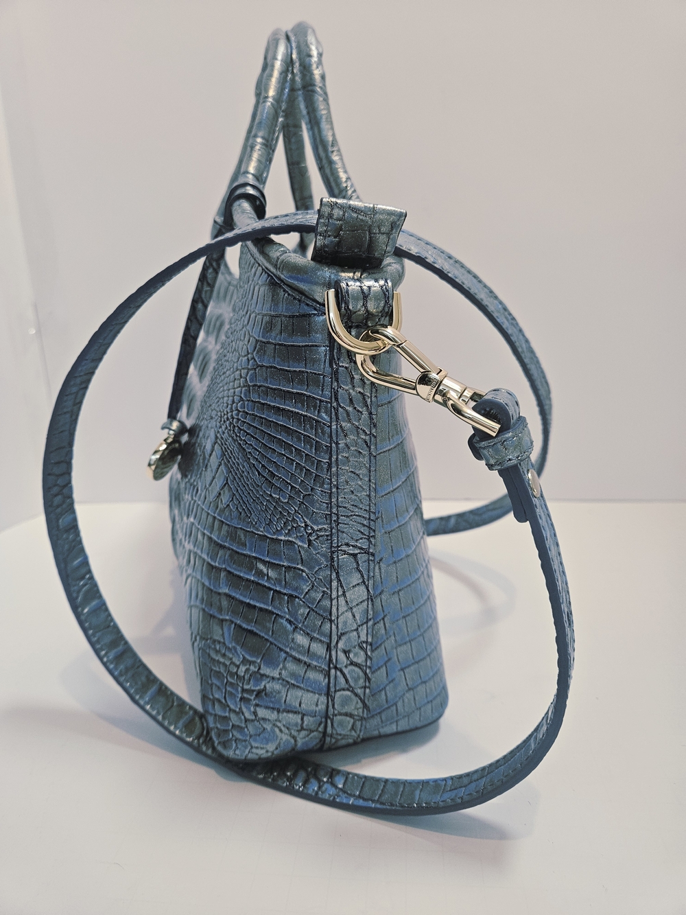 NWOT Brahmin Duxbury Satchel Blue Metallic Croc Embossed Leather Handbag + Strap - Picture 7 of 16